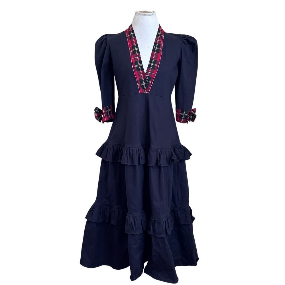 Tiered Tarten Plaid‎ Ruffle Maxi Dress Medium Black Red Bow Puff Sleeve Preppy